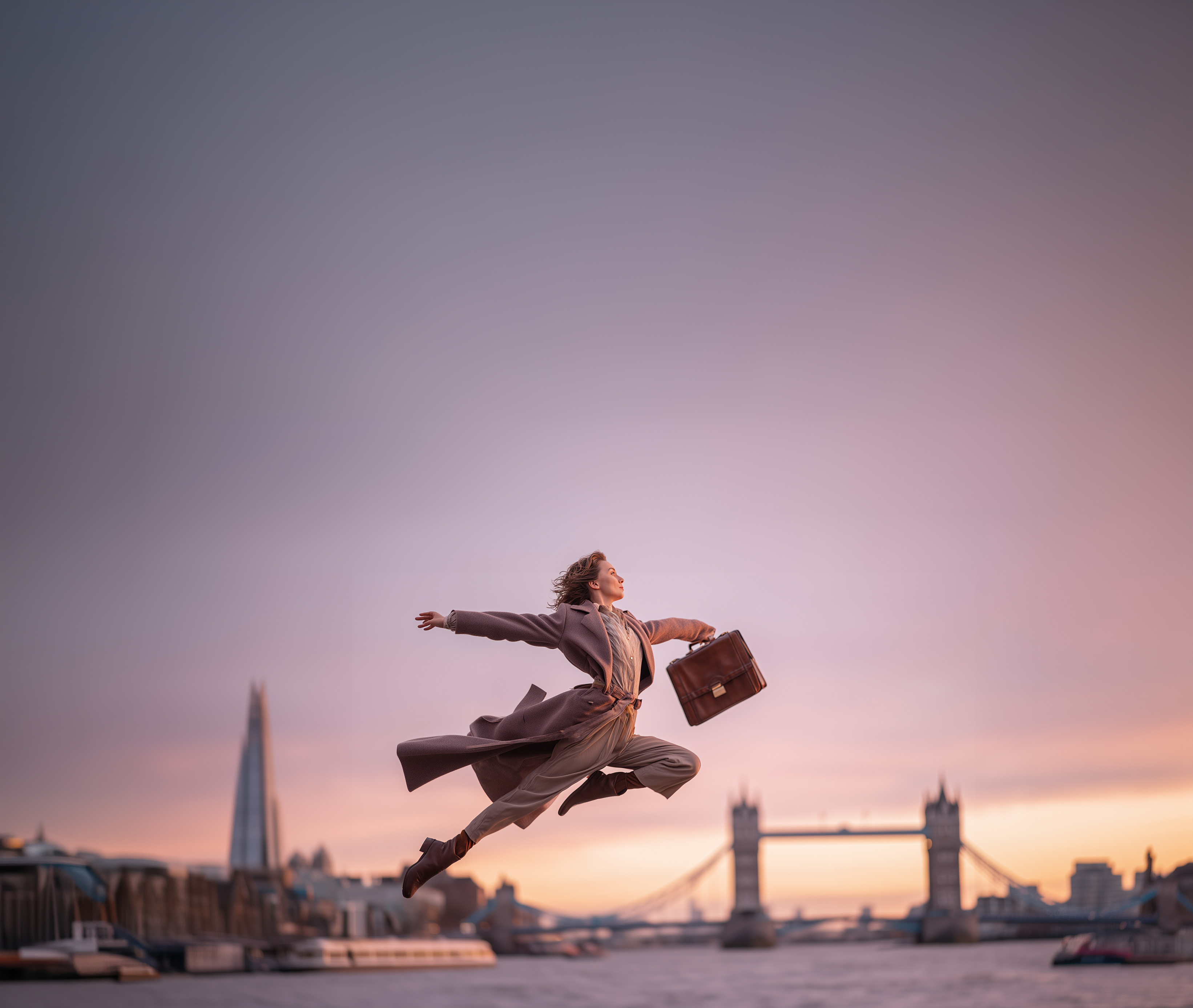 A person jumping with a briefcase in front of Tower Bridge at sunset.