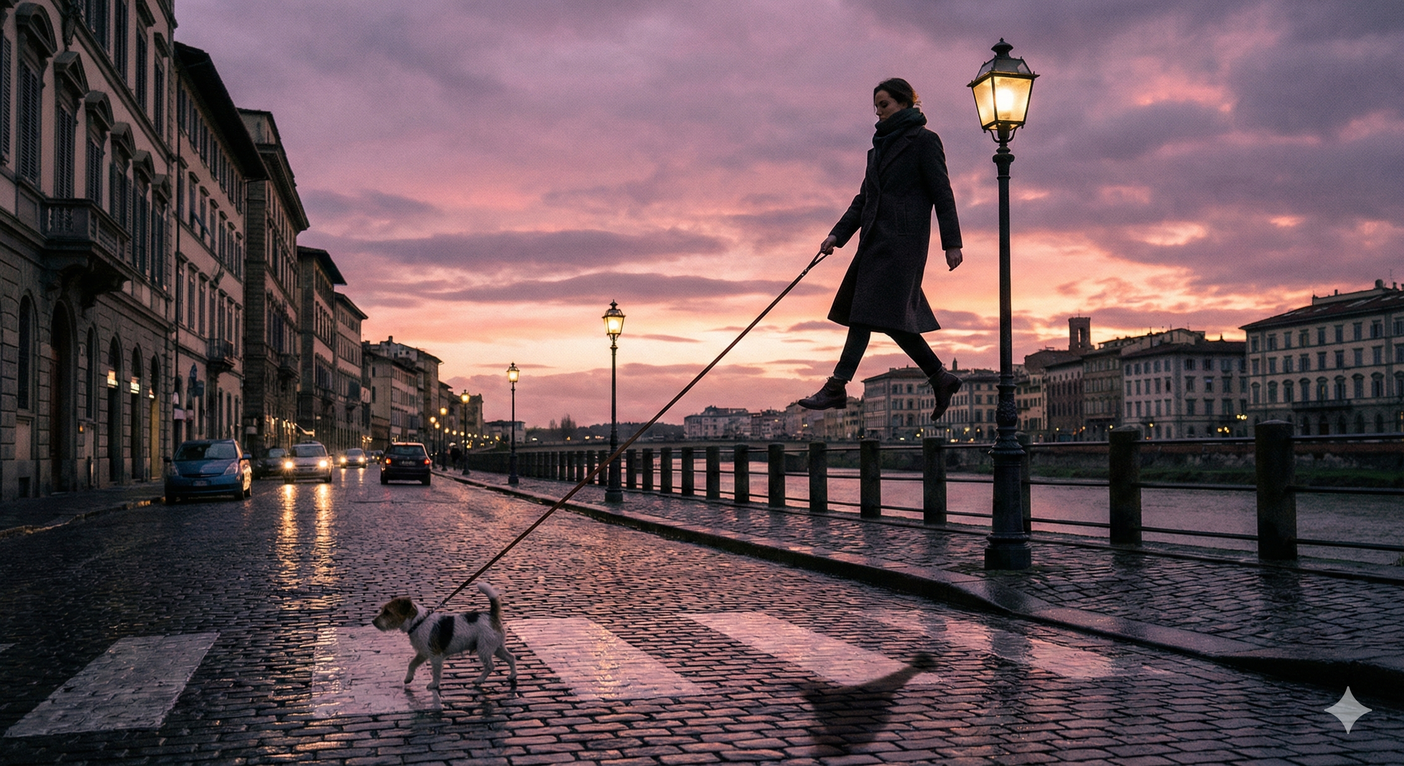 A person walking a dog along a city waterfront at dusk.