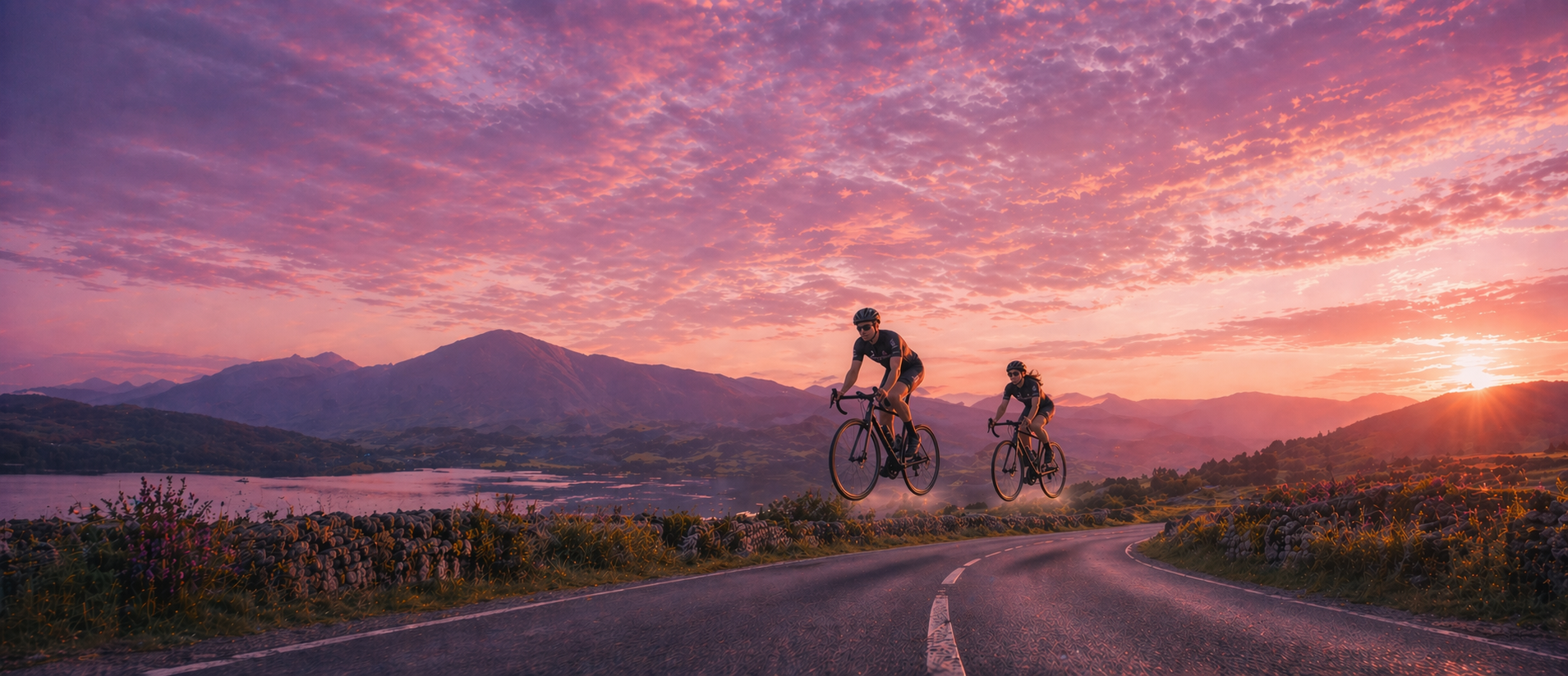 Two cyclists riding along a lakeside mountain road at sunset.